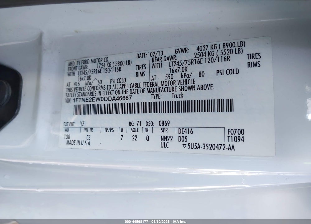 2013 FORD E-250 COMMERCIAL VIN: 1FTNE2EW0DDA46667