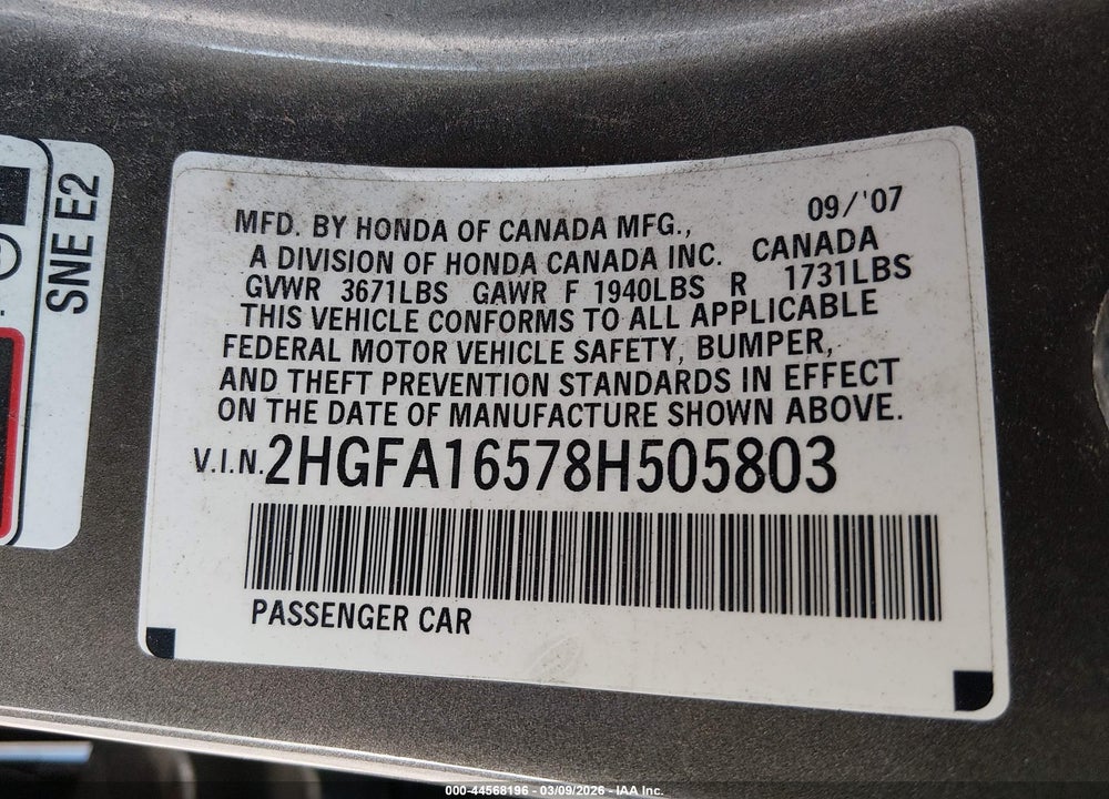 2008 HONDA CIVIC LX VIN: 2HGFA16578H505803