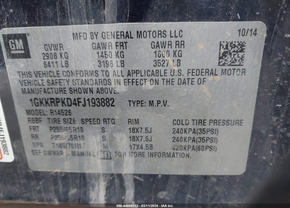 2015 GMC ACADIA SLE-2 VIN: 1GKKRPKD4FJ193882