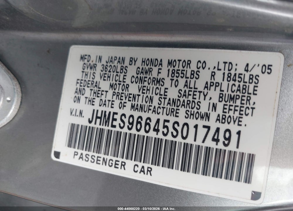 2005 HONDA CIVIC HYBRID VIN: JHMES96645S017491