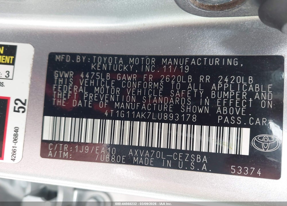 2020 TOYOTA CAMRY SE VIN: 4T1G11AK7LU893178