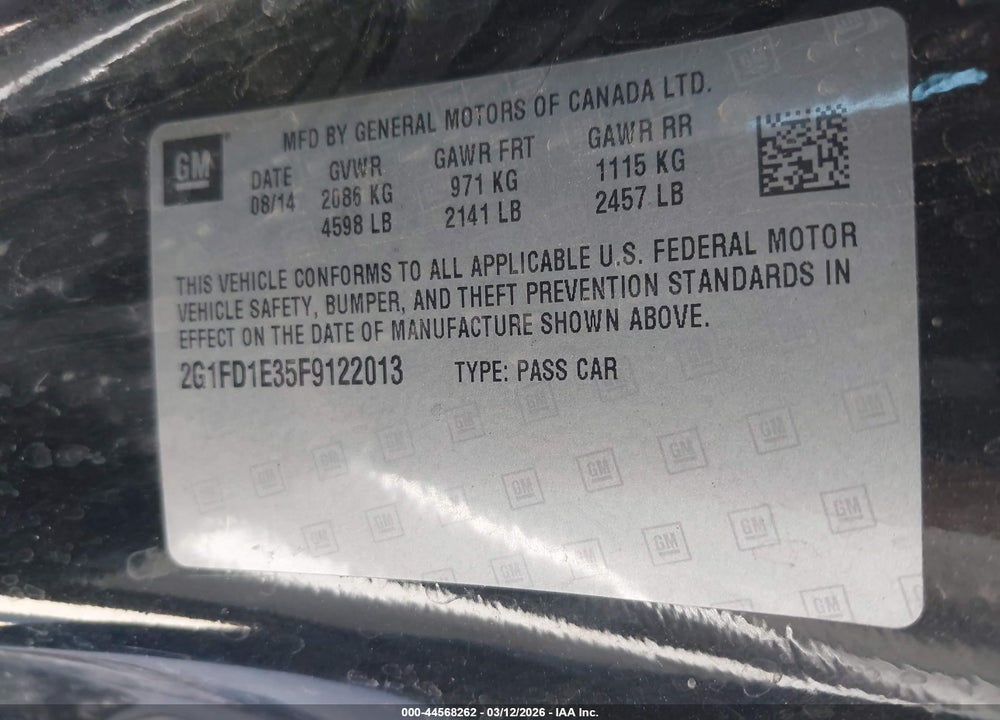 2015 CHEVROLET CAMARO 1LT VIN: 2G1FD1E35F9122013