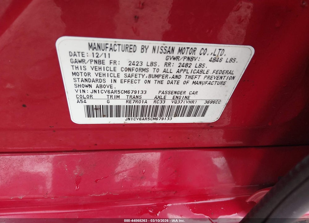 2012 INFINITI G37X VIN: JN1CV6AR5CM679133