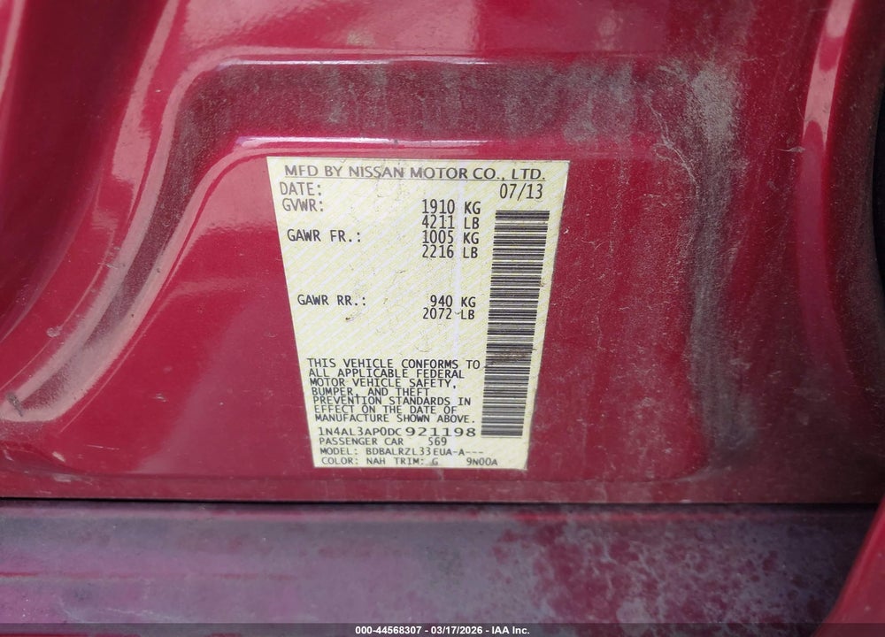 2013 NISSAN ALTIMA 2.5 S VIN: 1N4AL3AP0DC921198