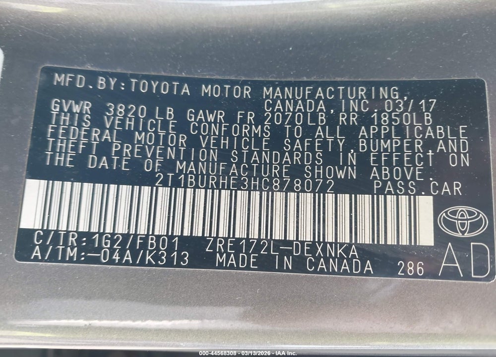 2017 TOYOTA COROLLA LE VIN: 2T1BURHE3HC878072