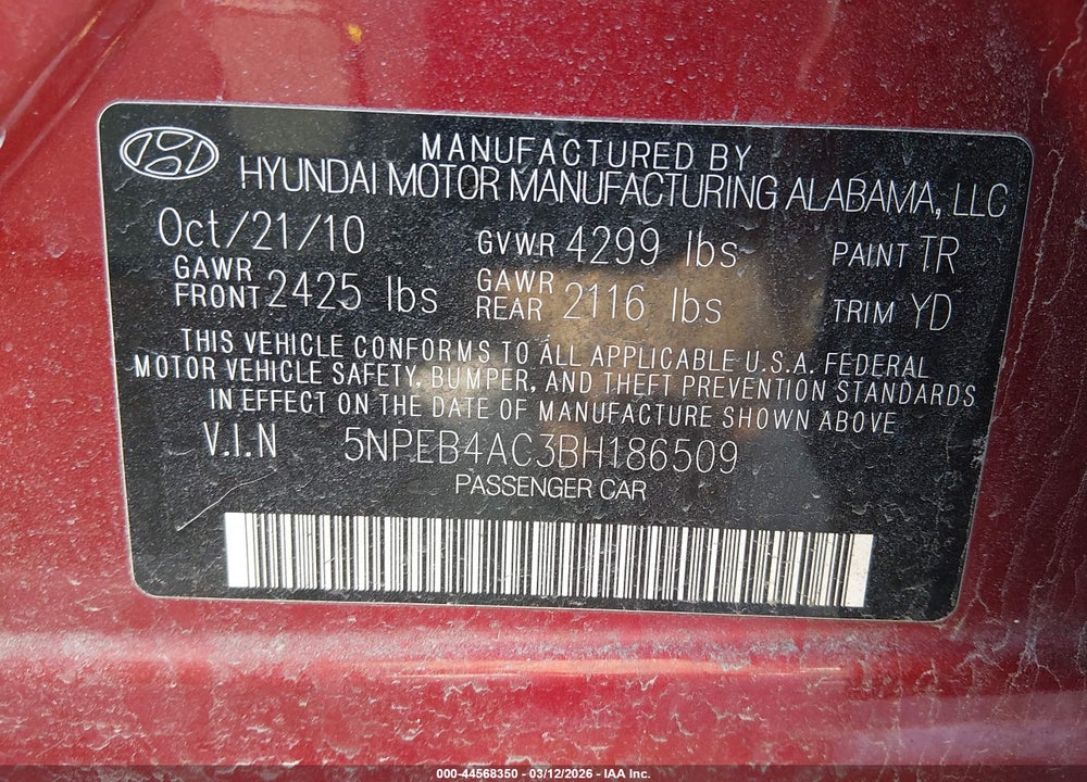 2011 HYUNDAI SONATA GLS VIN: 5NPEB4AC3BH186509