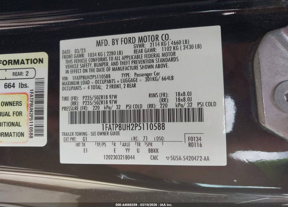 2023 FORD MUSTANG ECOBOOST PREMIUM VIN: 1FATP8UH2P5110588