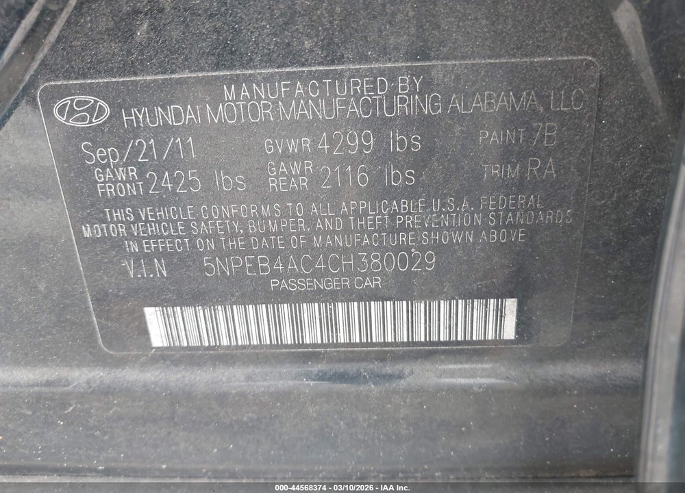 2012 HYUNDAI SONATA GLS VIN: 5NPEB4AC4CH380029