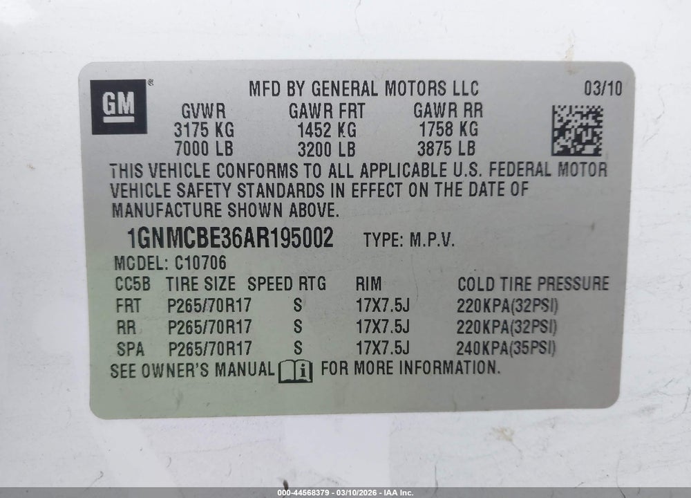 2010 CHEVROLET TAHOE LT VIN: 1GNMCBE36AR195002