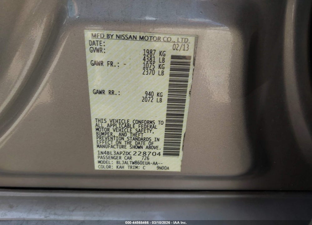 2013 NISSAN ALTIMA 3.5 SV VIN: 1N4BL3AP2DC228704