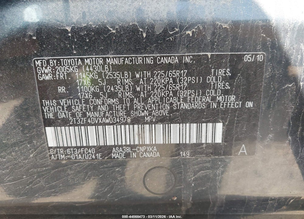 2010 TOYOTA RAV4 VIN: 2T3ZF4DVXAW034978