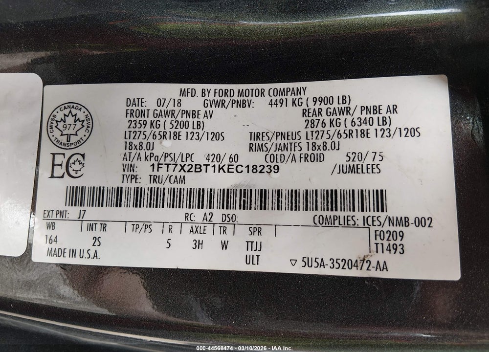 2019 FORD F-250 VIN: 1FT7X2BT1KEC18239