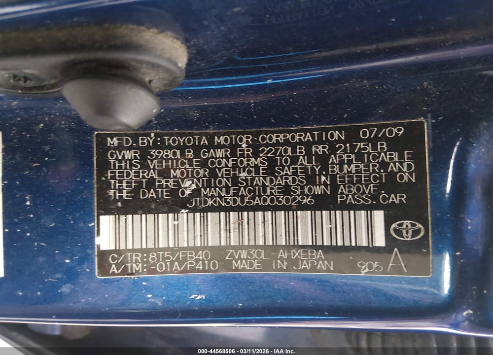 2010 TOYOTA PRIUS III VIN: JTDKN3DU5A0030296