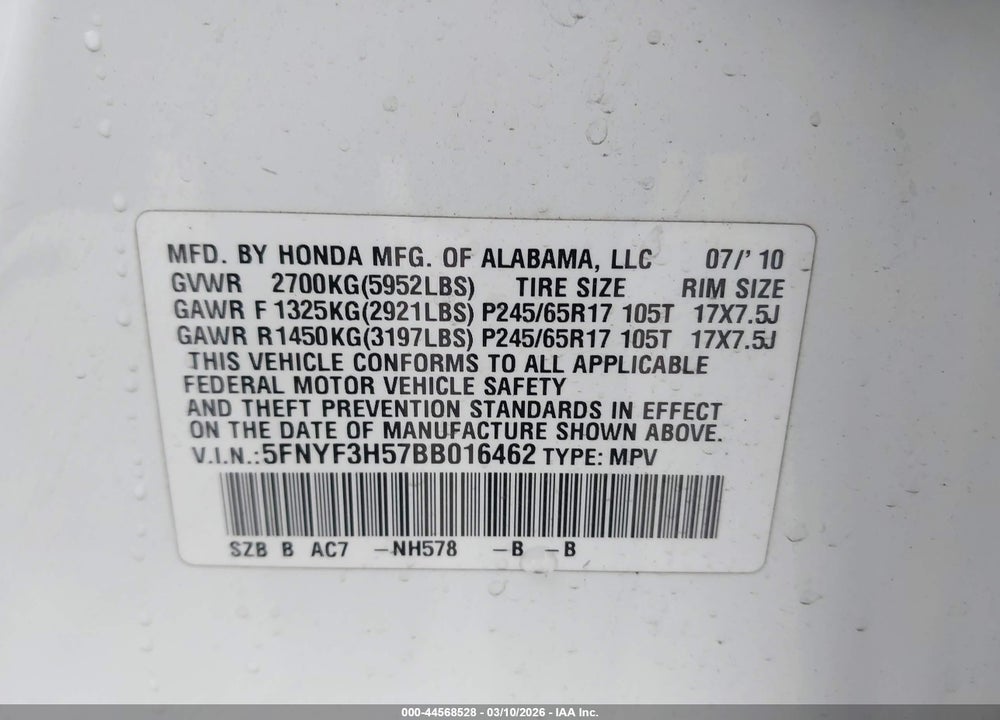 2011 HONDA PILOT EX-L VIN: 5FNYF3H57BB016462