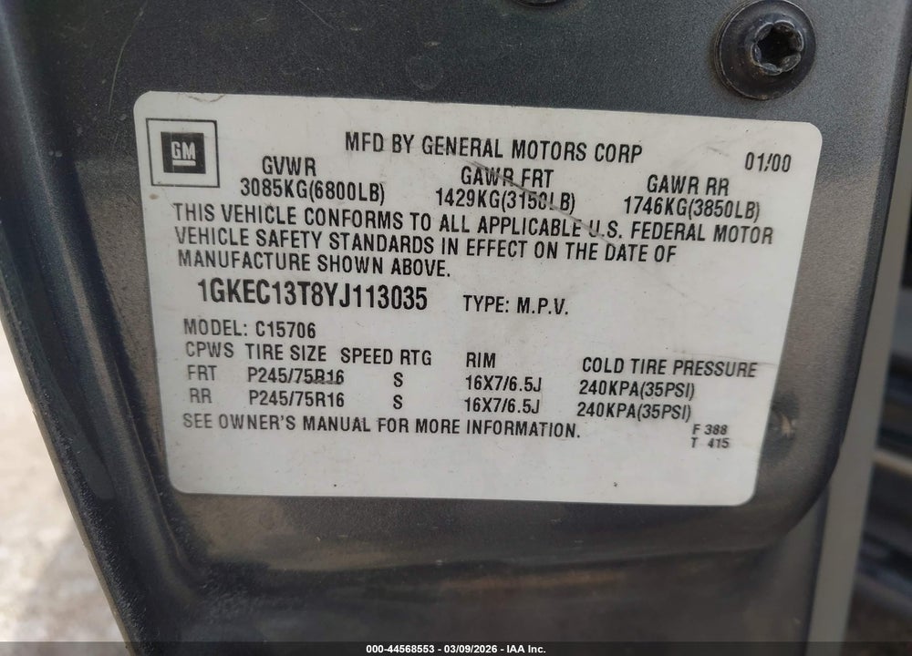 2000 GMC YUKON SLE VIN: 1GKEC13T8YJ113035