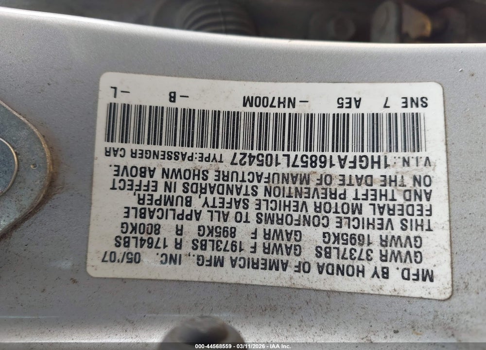2007 HONDA CIVIC EX VIN: 1HGFA16857L105427