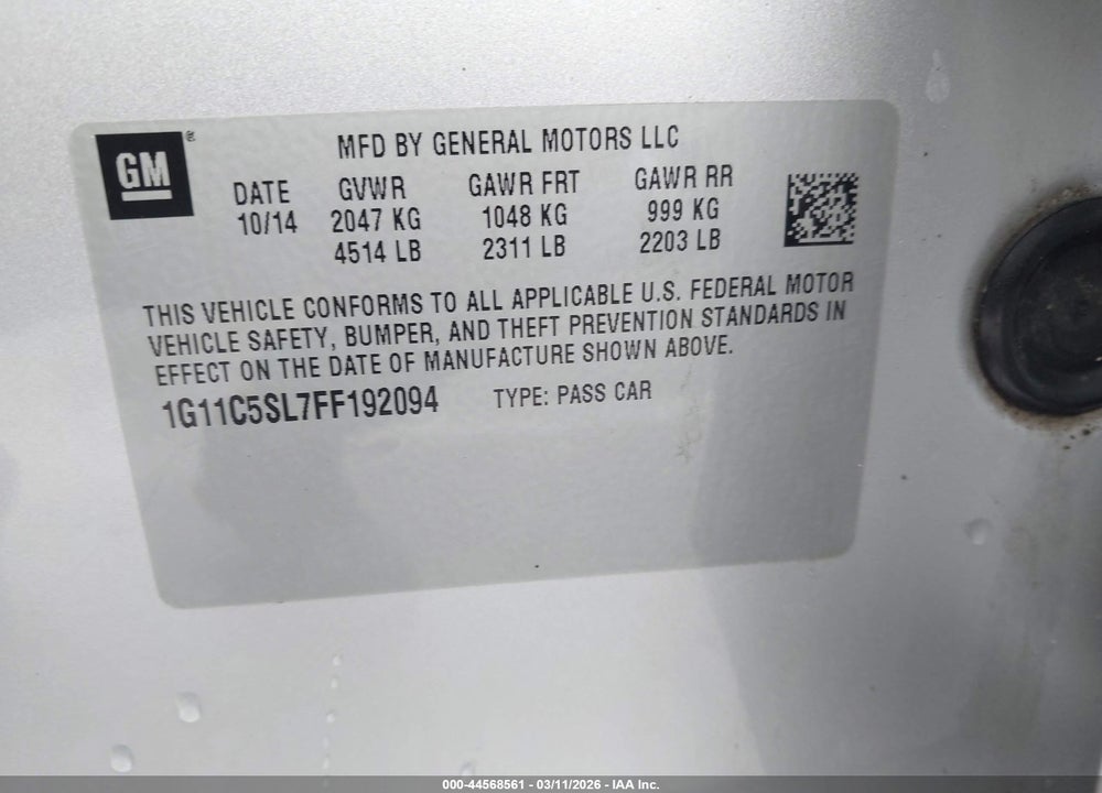 2015 CHEVROLET MALIBU 1LT VIN: 1G11C5SL7FF192094