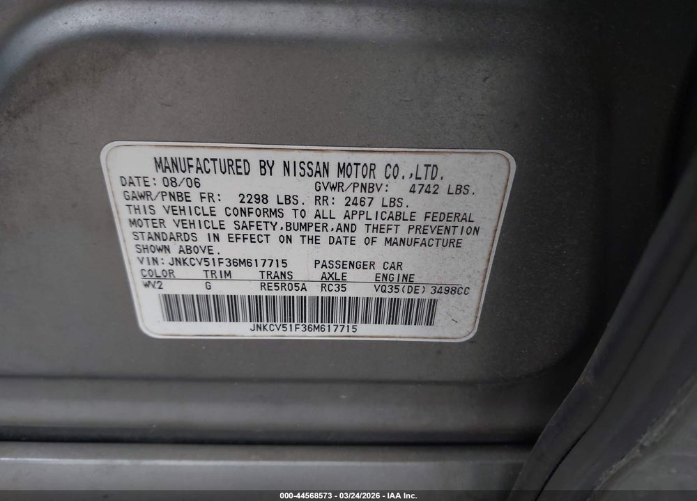 2006 INFINITI G35X VIN: JNKCV51F36M617715