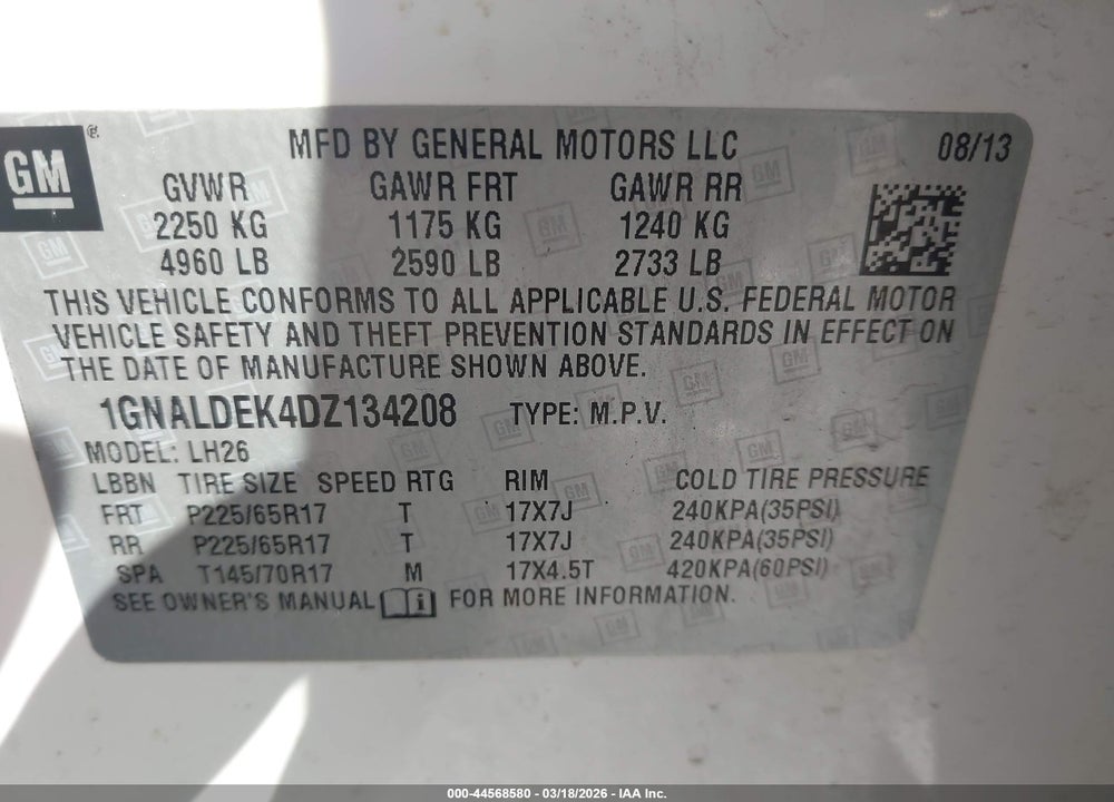 2013 CHEVROLET EQUINOX 1LT VIN: 1GNALDEK4DZ134208