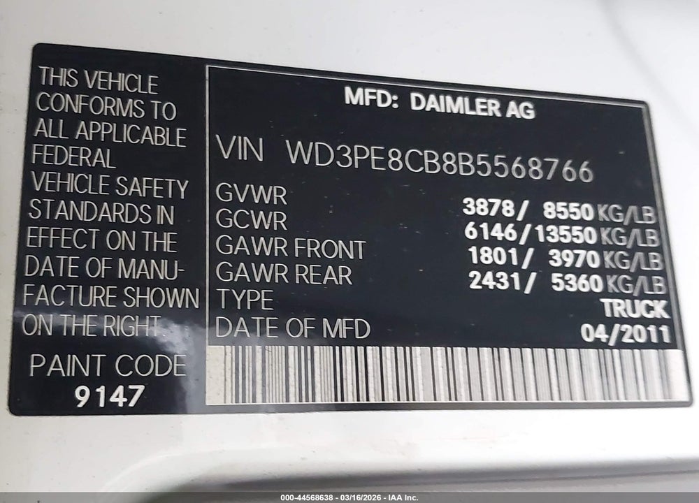 2011 MERCEDES-BENZ SPRINTER 2500 HIGH ROOF VIN: WD3PE8CB8B5568766