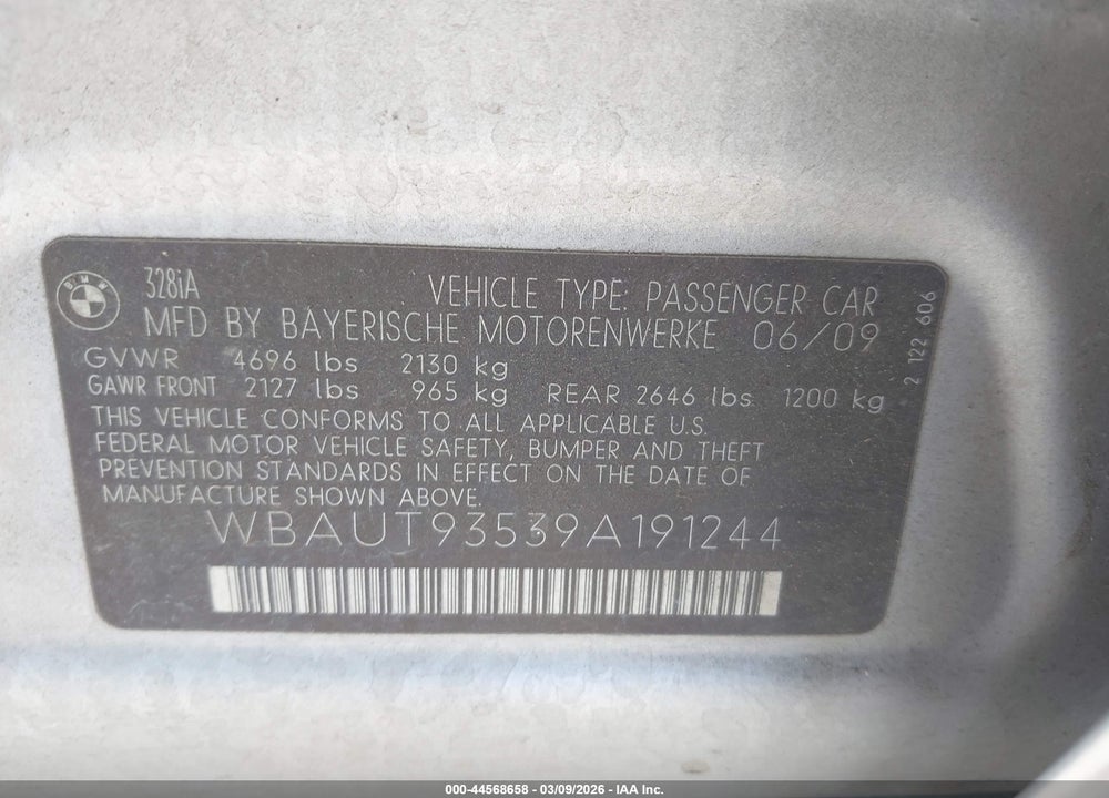 2009 BMW 328I VIN: WBAUT93539A191244