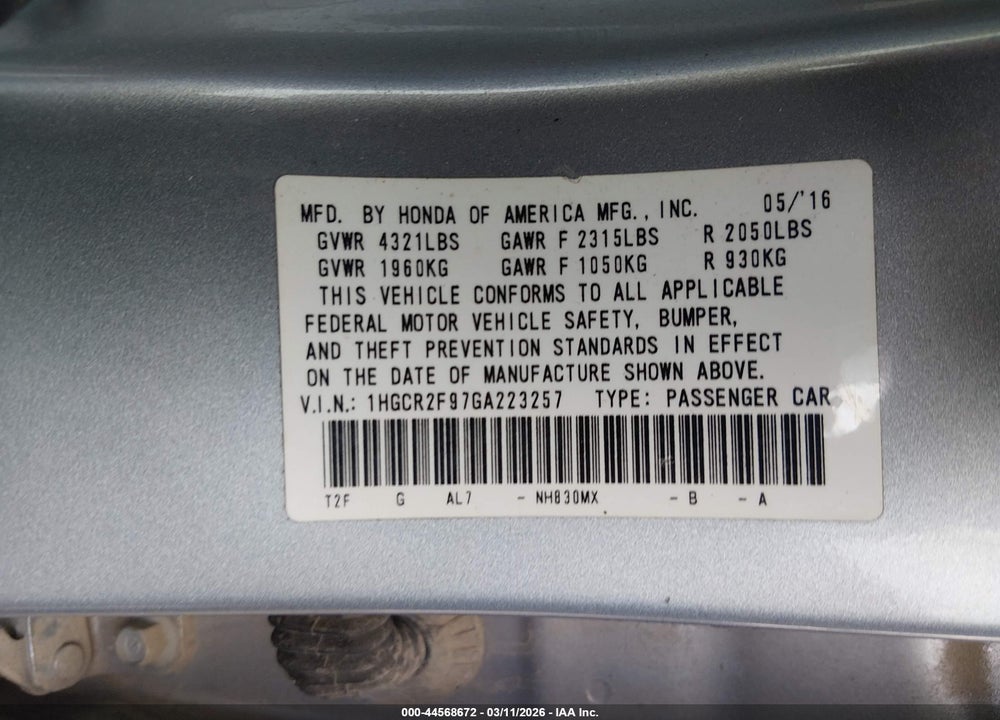 2016 HONDA ACCORD EX-L VIN: 1HGCR2F97GA223257