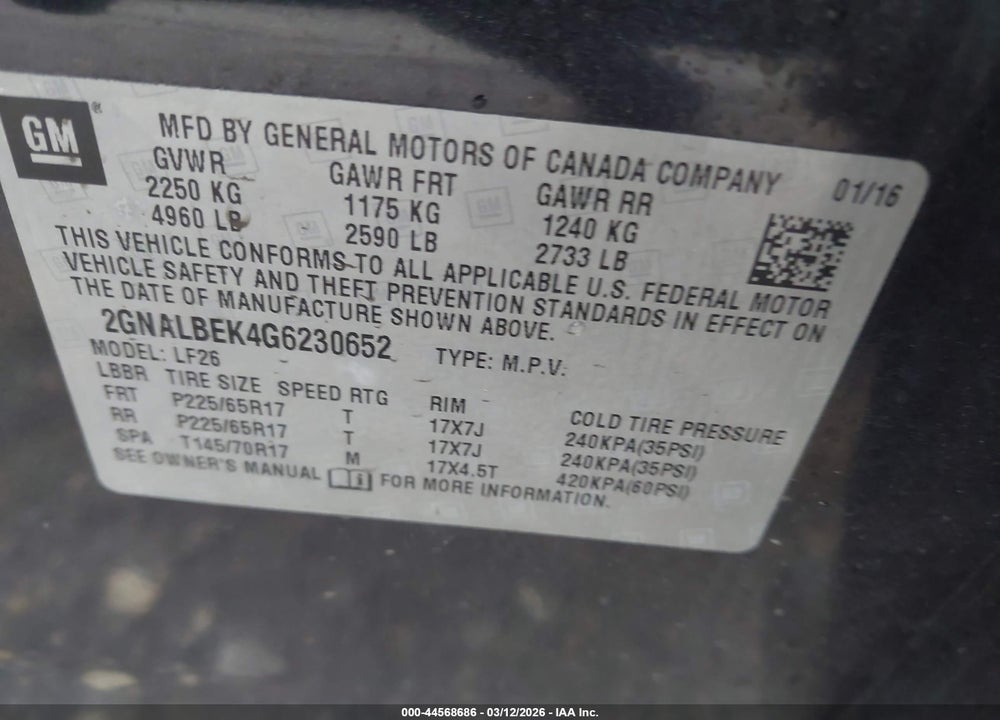 2016 CHEVROLET EQUINOX LS VIN: 2GNALBEK4G6230652