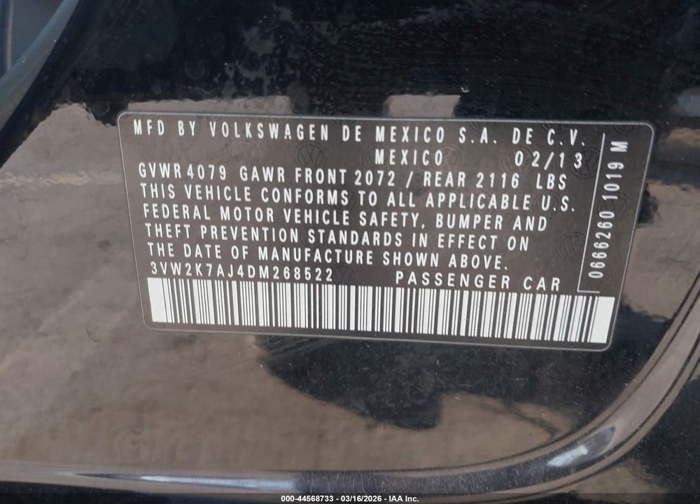 2013 VOLKSWAGEN JETTA 2.0L S VIN: 3VW2K7AJ4DM268522
