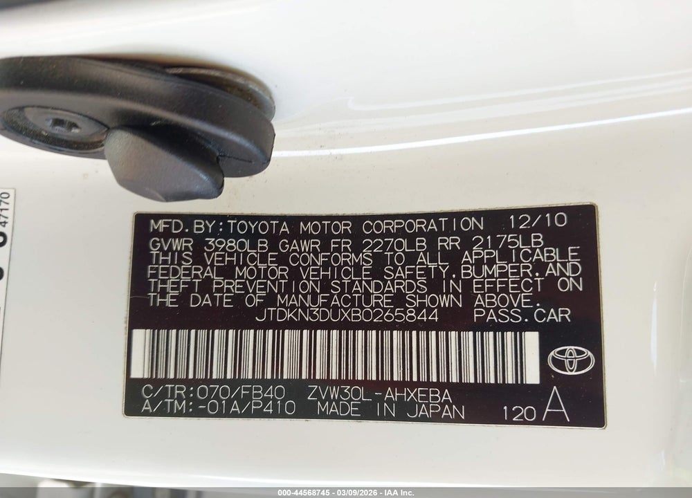 2011 TOYOTA PRIUS TWO VIN: JTDKN3DUXB0265844