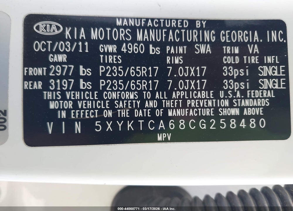 2012 KIA SORENTO LX VIN: 5XYKTCA68CG258480