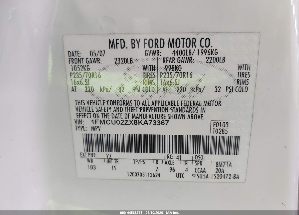 2008 FORD ESCAPE XLS/XLS MANUAL VIN: 1FMCU02ZX8KA73367