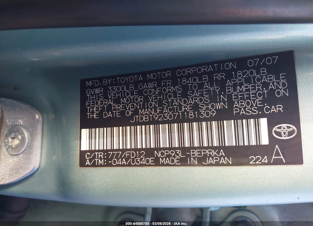 2007 TOYOTA YARIS VIN: JTDBT923071181309