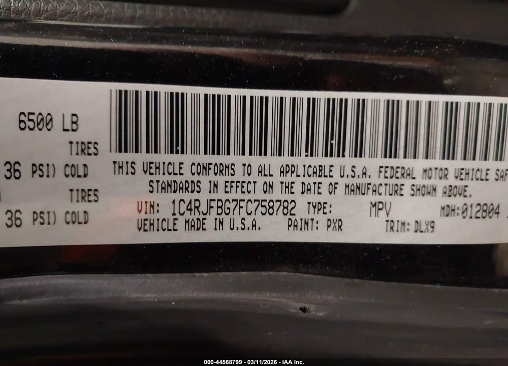 2015 JEEP GRAND CHEROKEE LIMITED VIN: 1C4RJFBG7FC758782