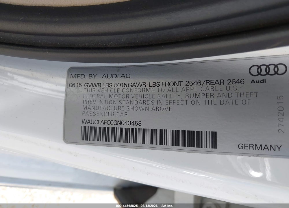 2016 AUDI A6 2.0T PREMIUM VIN: WAUCFAFC0GN043458