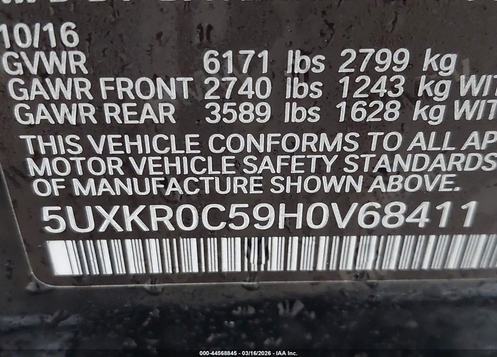 2017 BMW X5 XDRIVE35I VIN: 5UXKR0C59H0V68411