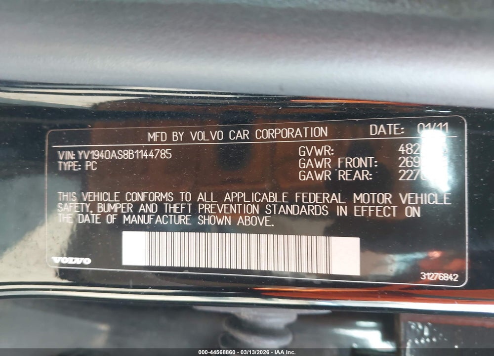 2011 VOLVO S80 3.2 VIN: YV1940AS8B1144785