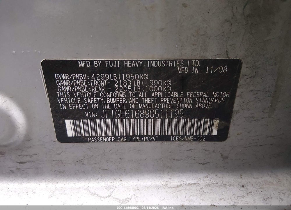 2009 SUBARU IMPREZA 2.5I VIN: JF1GE61689G511195