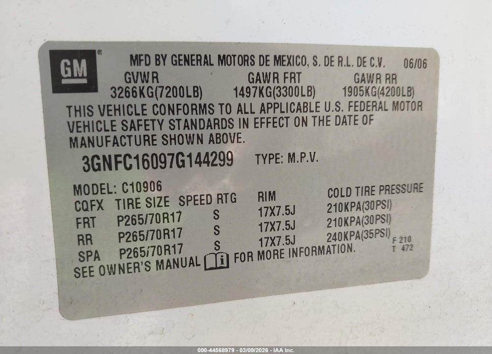 2007 CHEVROLET SUBURBAN 1500 LT VIN: 3GNFC16097G144299