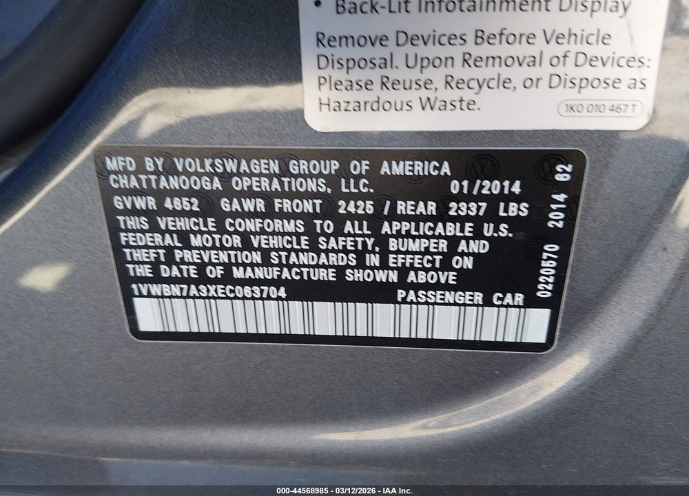 2014 VOLKSWAGEN PASSAT 2.0L TDI SE VIN: 1VWBN7A3XEC063704