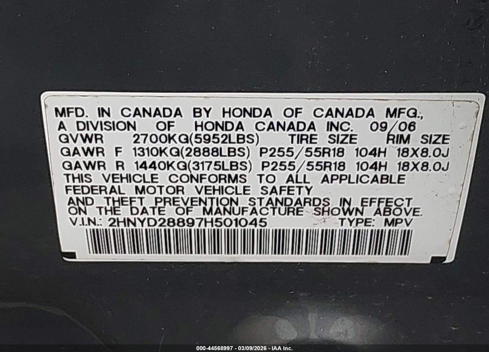 2007 ACURA MDX SPORT PACKAGE VIN: 2HNYD28897H501045
