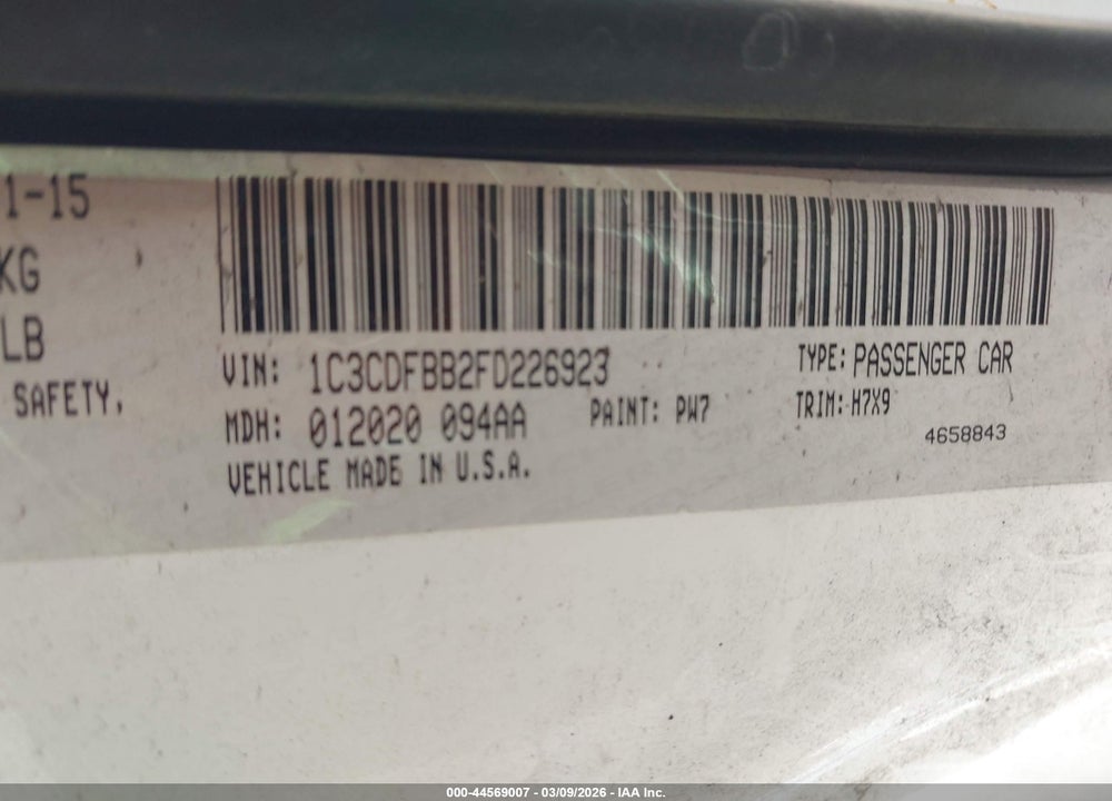 2015 DODGE DART SXT VIN: 1C3CDFBB2FD226923