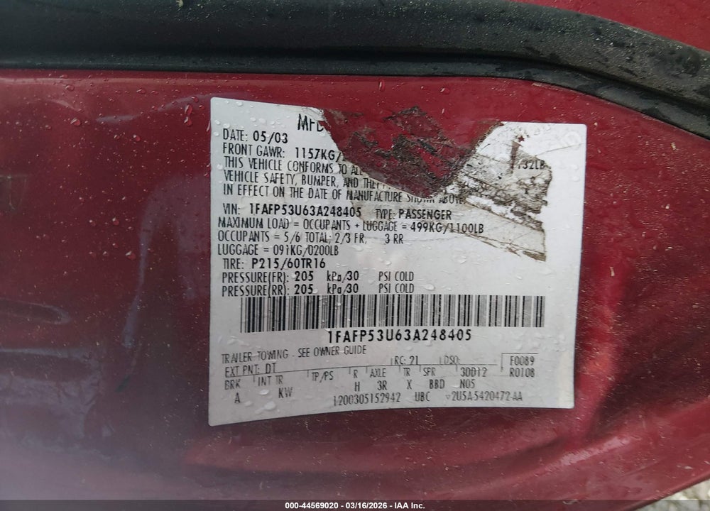 2003 FORD TAURUS SE VIN: 1FAFP53U63A248405