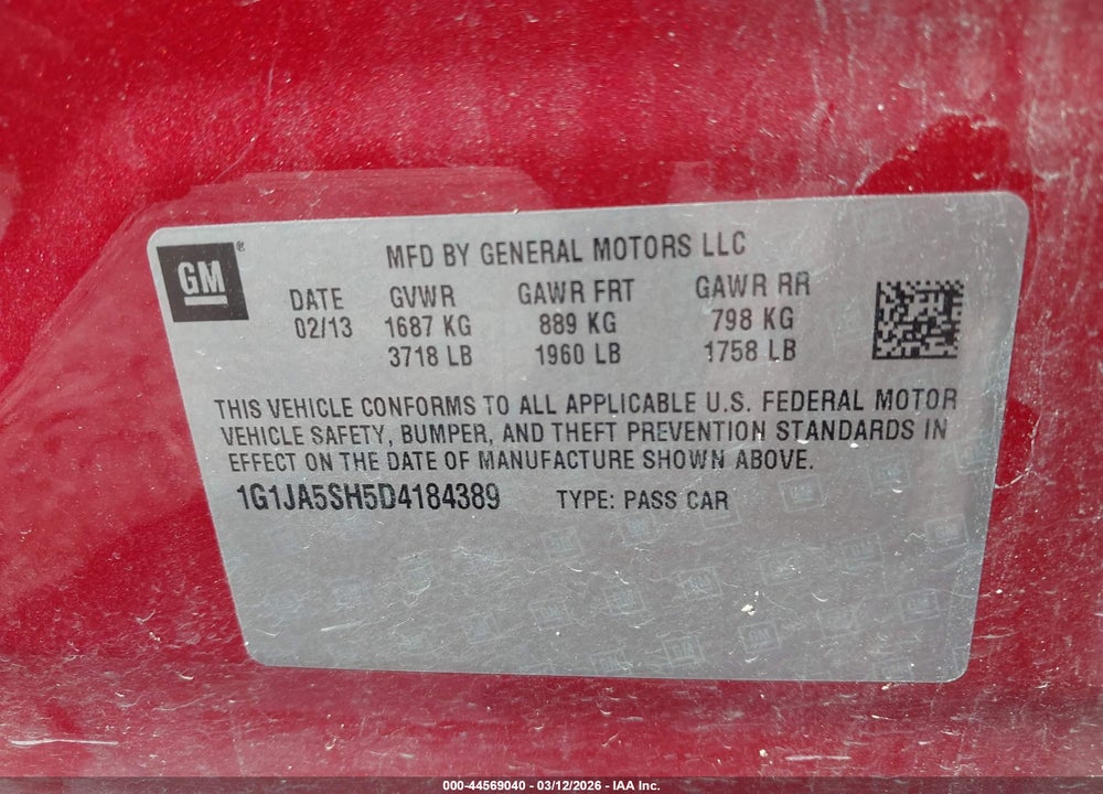 2013 CHEVROLET SONIC LS AUTO VIN: 1G1JA5SH5D4184389
