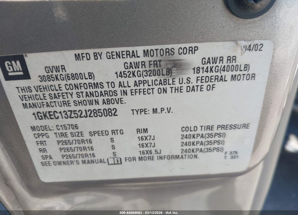 2002 GMC YUKON SLT VIN: 1GKEC13Z52J285082