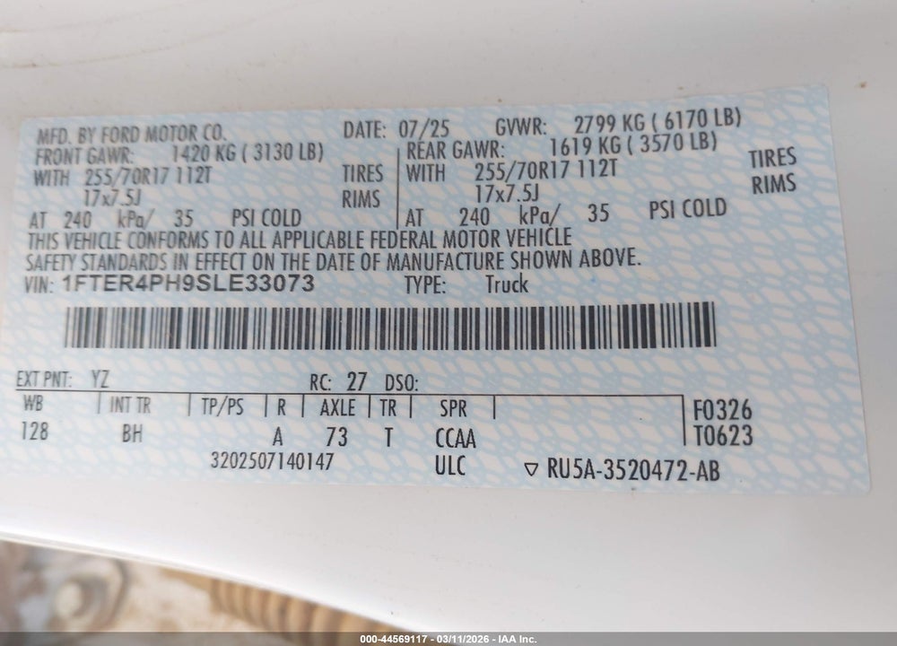2025 FORD RANGER XL VIN: 1FTER4PH9SLE33073