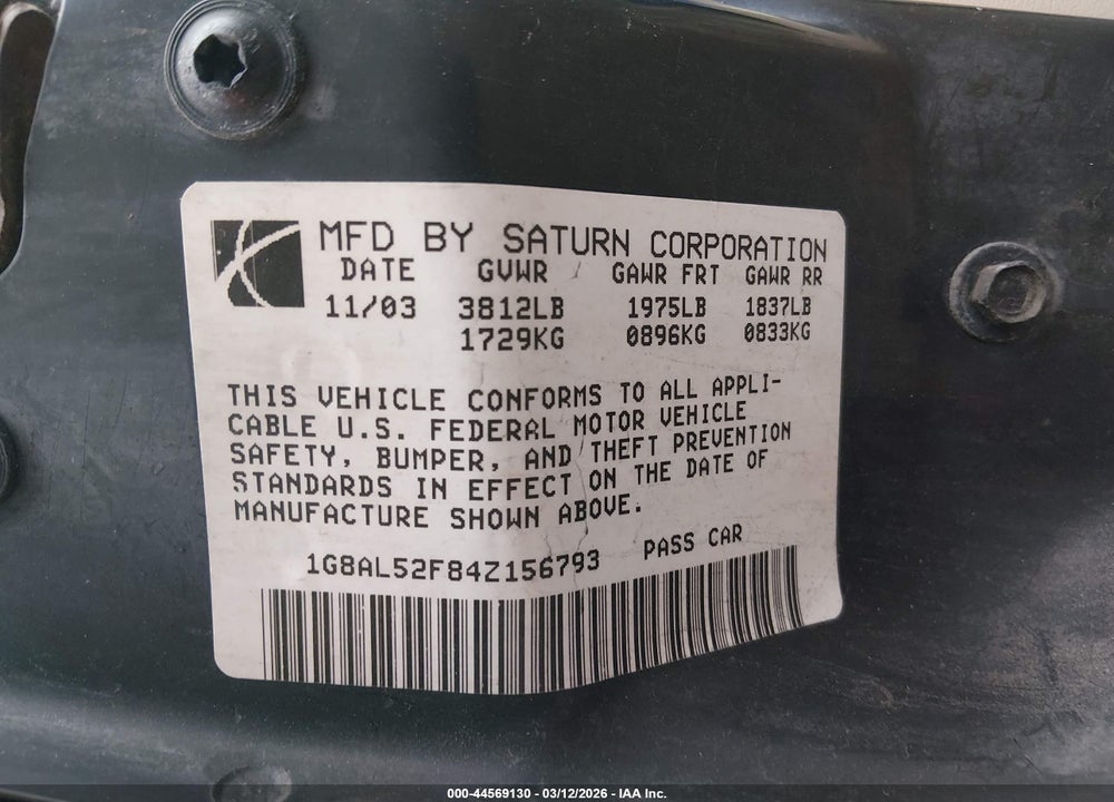 2004 SATURN ION 3 VIN: 1G8AL52F84Z156793