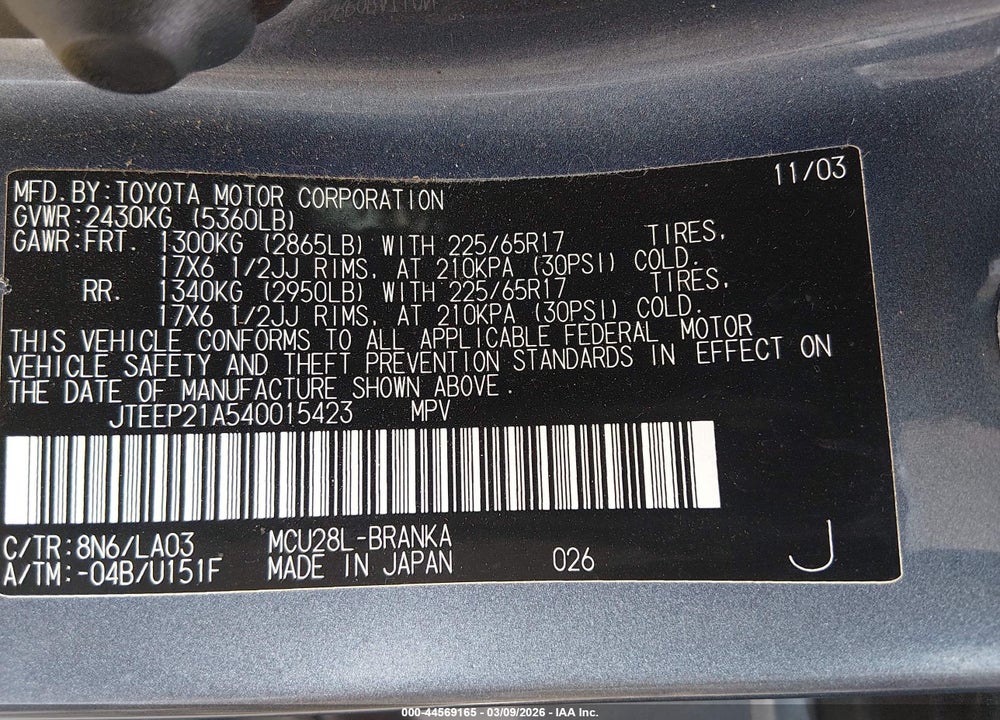 2004 TOYOTA HIGHLANDER LIMITED V6 VIN: JTEEP21A540015423