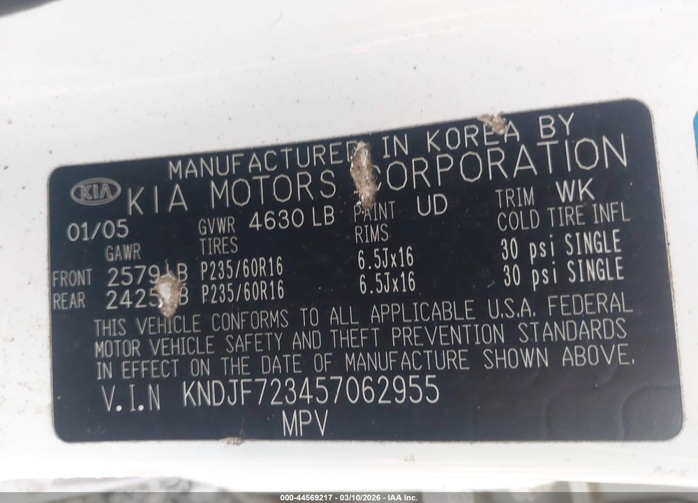 2005 KIA SPORTAGE EX V6/LX V6 VIN: KNDJF723457062955
