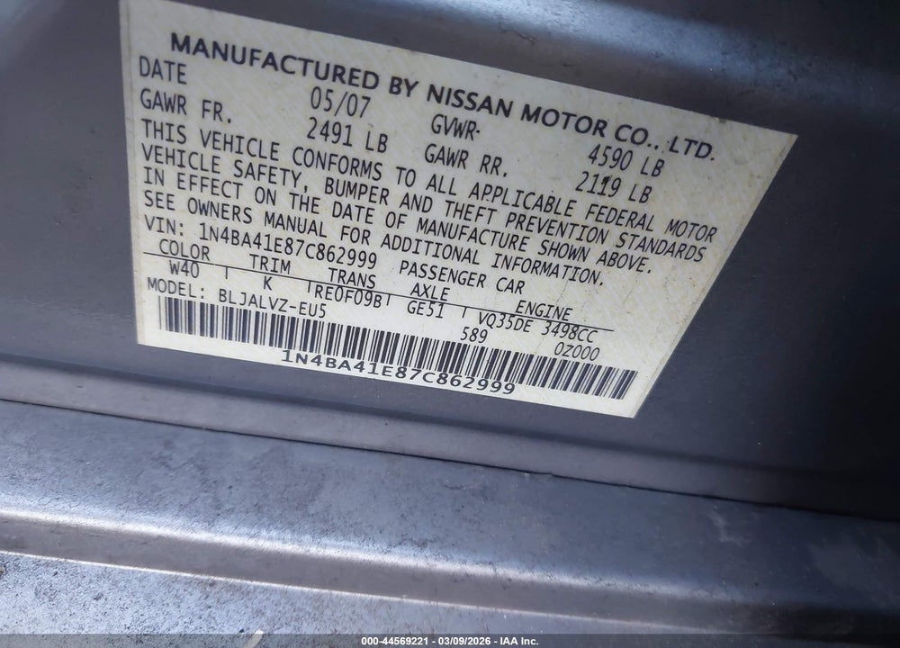 2007 NISSAN MAXIMA 3.5 SE VIN: 1N4BA41E87C862999