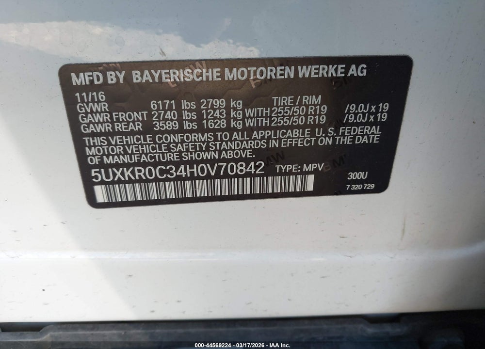 2017 BMW X5 XDRIVE35I VIN: 5UXKR0C34H0V70842